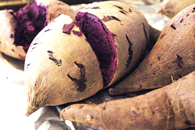 Cut open potatoes. Purple Potato Punkin' Chunkin' baby food recipe Squeeze Station www.agutsygirl.com