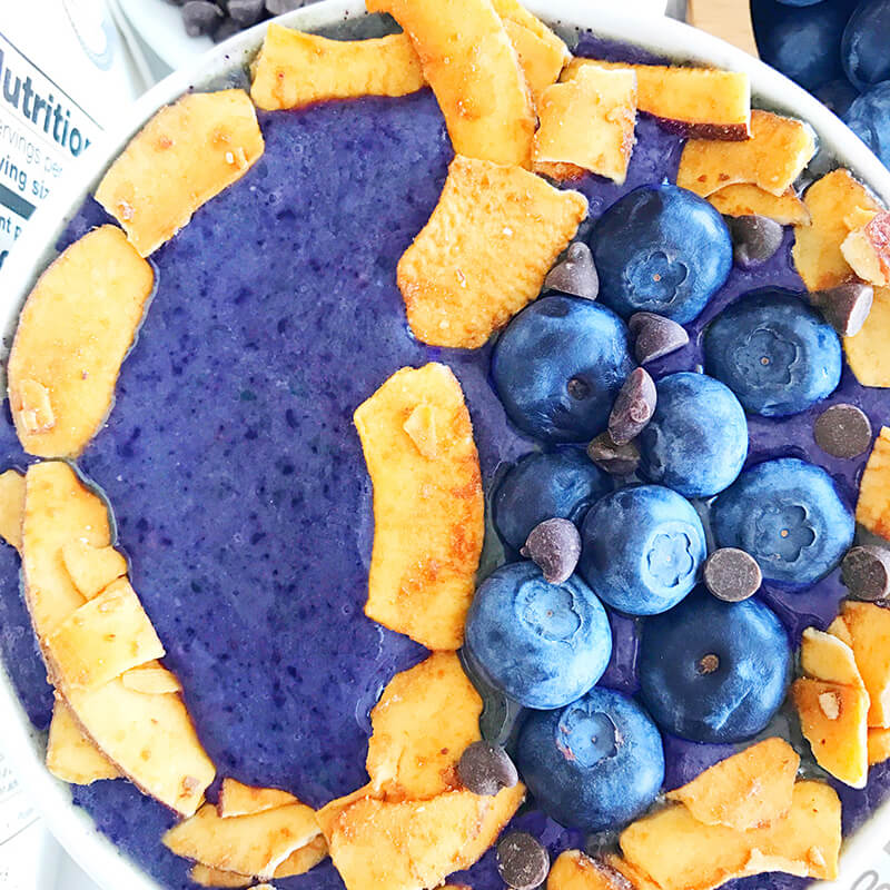 January 2018 Catch Up Over Bone Broth sarahkayhoffman.com Smoothie bowl Elmhurst1925 and Made in Nature Coconut Chips blueberries