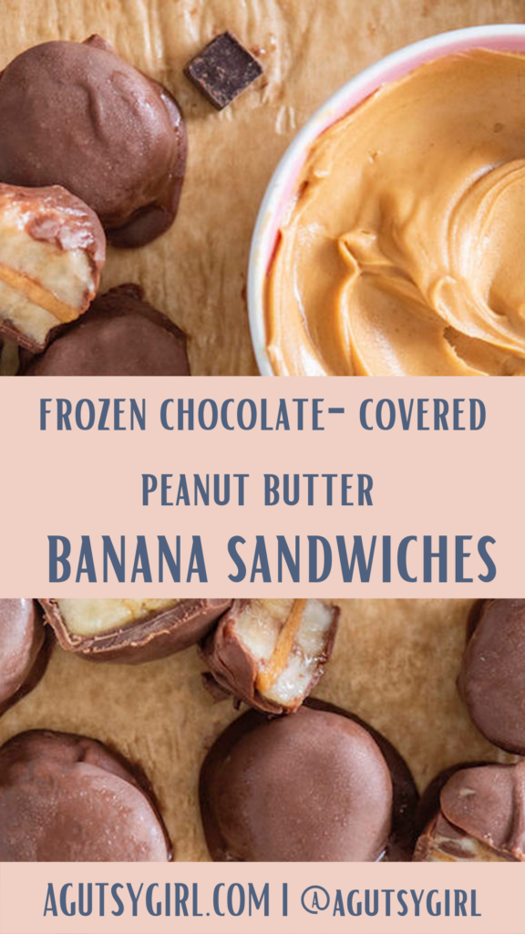 Frozen chocolate covered peanut butter sandwich agutsygirl.com #nutbutter #almondbutter #peanutbutter