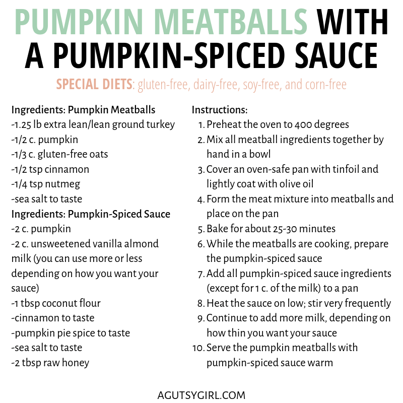 Pumpkin Meatballs with a Pumpkin-Spiced Sauce agutsygirl.com #pumpkin #pumpkinspice #glutenfree #recipes