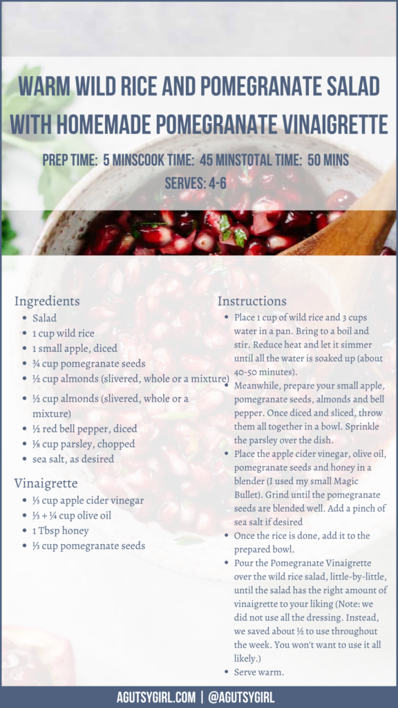 Wild Rice Recipes {Warm Wild Rice and Pomegranate Salad with Homemade Pomegranate Vinaigrette} agutsygirl.com #wildrice #wildricerecipes #pomegranates
