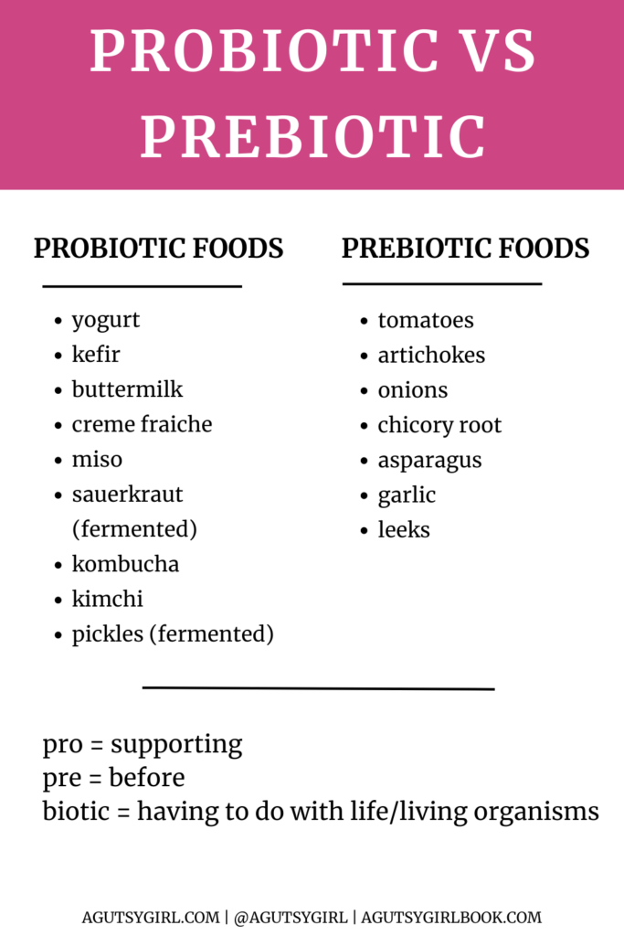 Probiotic Foods vs Prebiotic Foods agutsygirl.com #probiotic #prebiotics