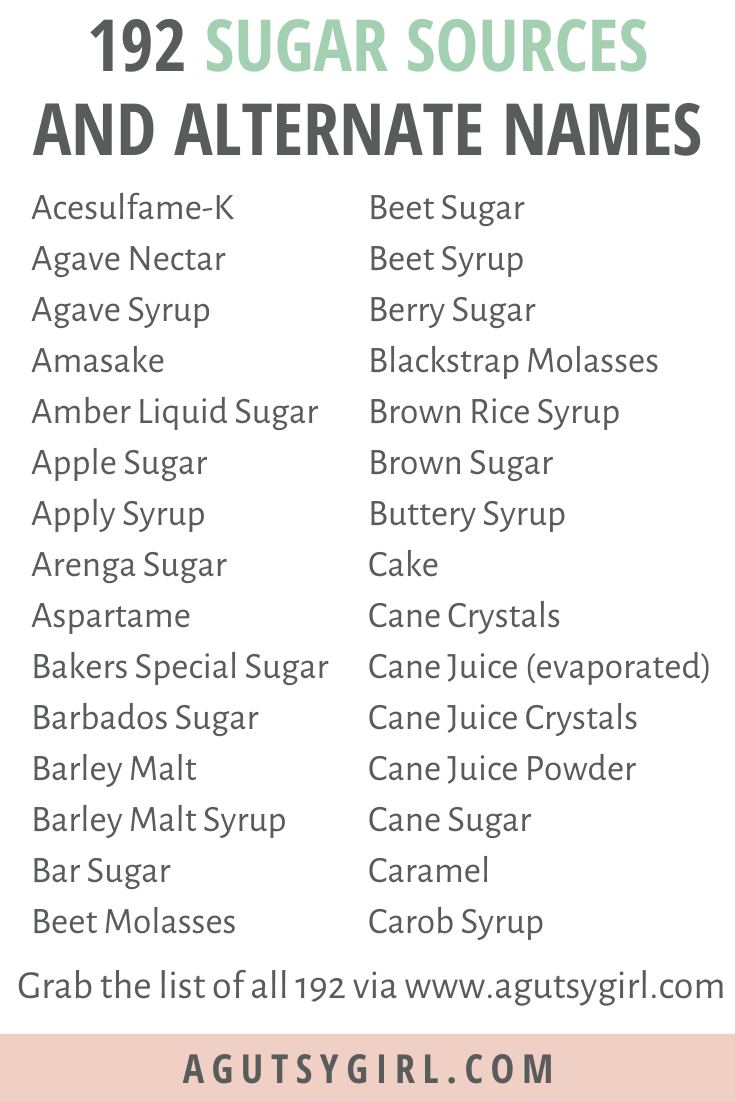 192 Sugar Sources and Alternate Names agutsygirl.com #sugar #sugarfree #guthealth #sugardetox