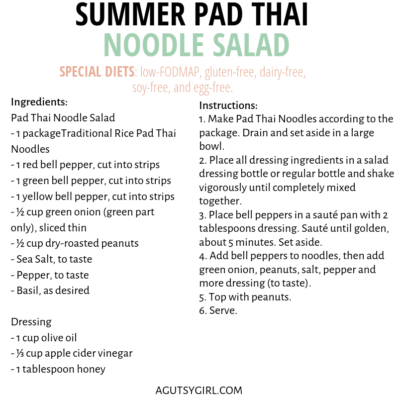 Summer Pad Thai Noodle Salad agutsygirl.com #padthai #lowfodmapdiet #glutenfree #dairyfreerecipes