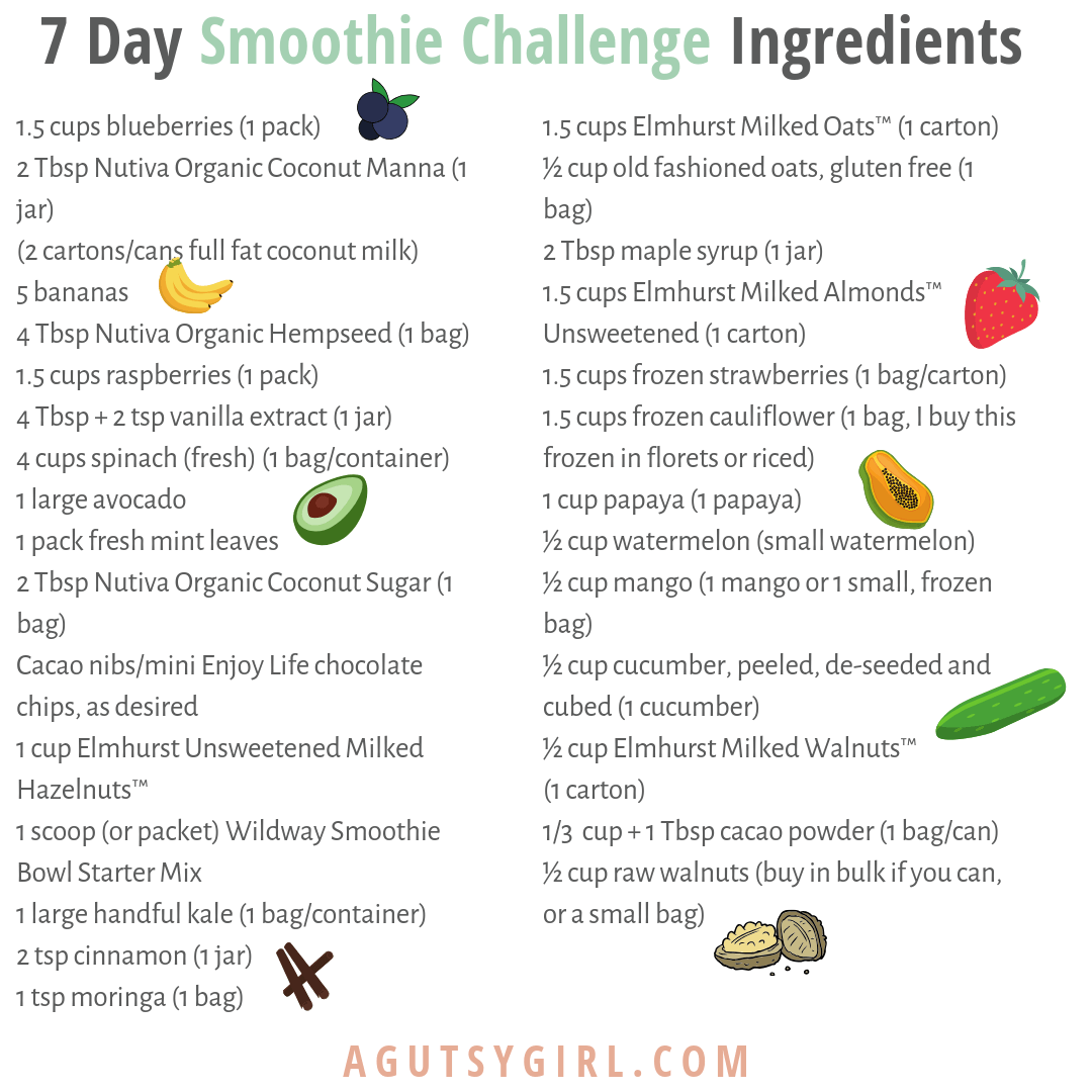7 Day Smoothie Challenge Ingredients agutsygirl.com #smoothies #dairyfree #glutenfree #smoothierecipes #smoothiechallenge