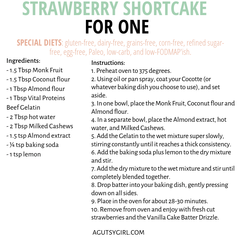 Recipe Strawberry Shortcake for One Paleo mug cake agutsygirl.com #strawberryshortcake #paleorecipes #paleo #shortcake #cake