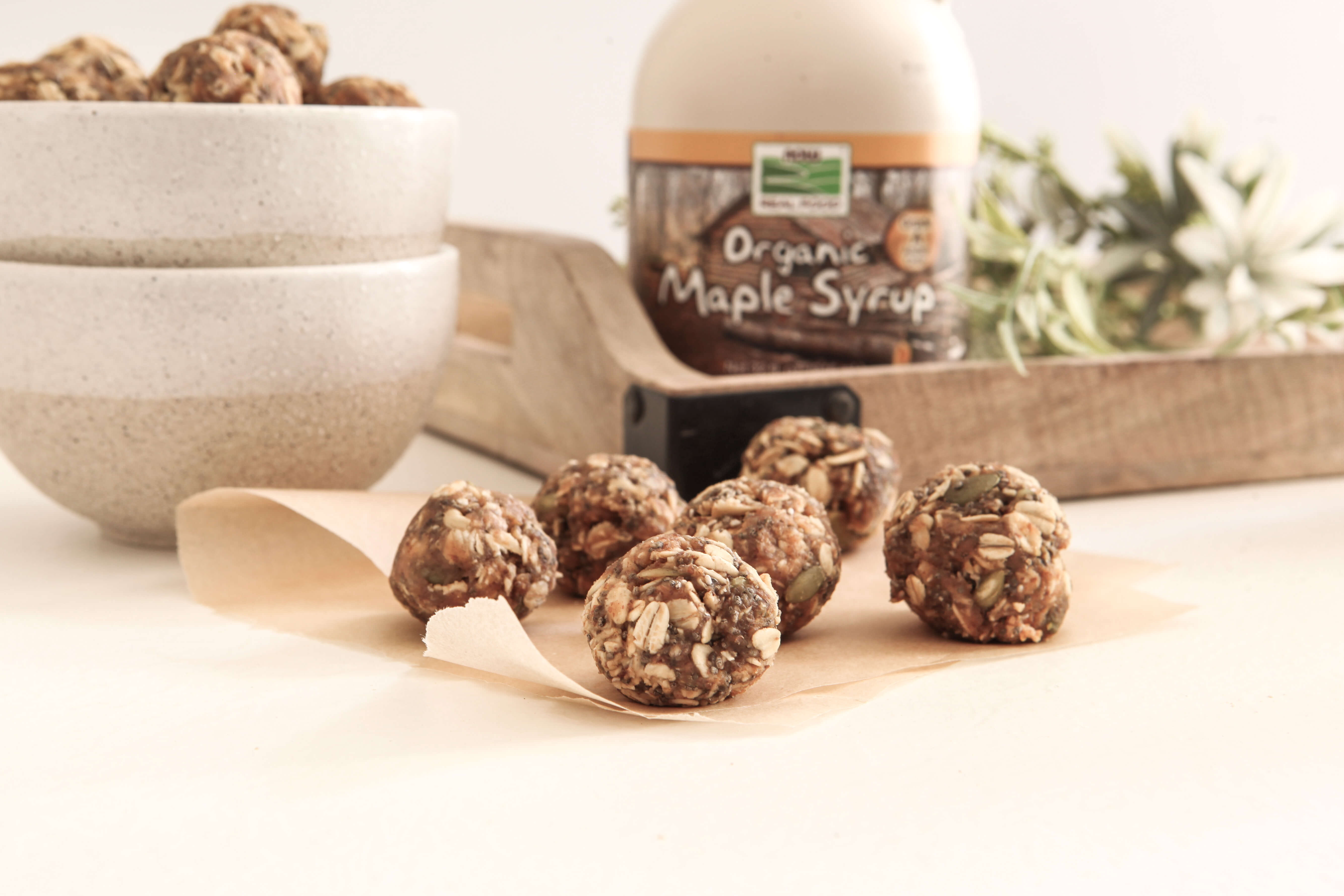 Low FODMAP Seed Cycling Energy Balls agutsygirl.com #seedcycling #lowfodmap #glutenfree #guthealth NOW Foods Organic Maple Syrup