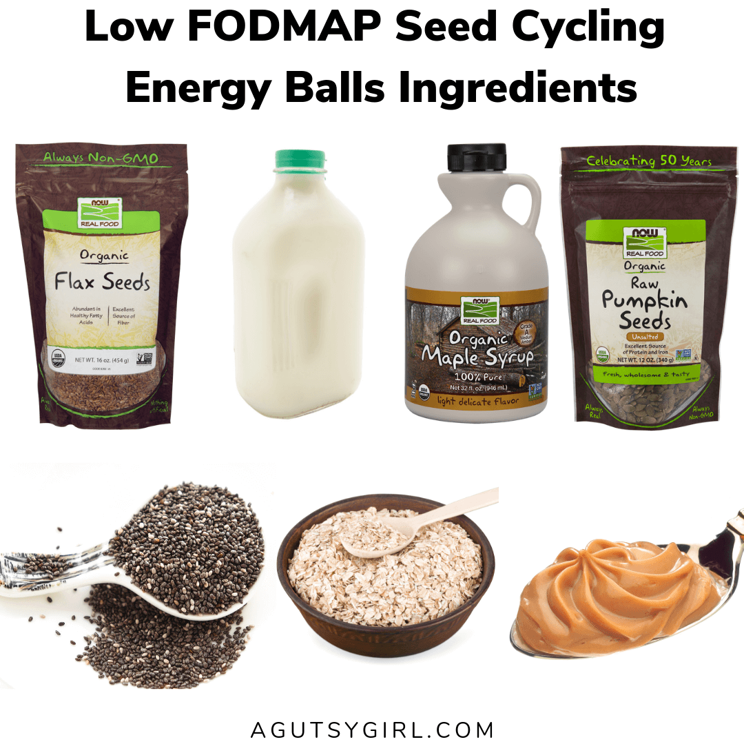 Low FODMAP Seed Cycling Energy Balls agutsygirl.com #seedcycling #lowfodmap #glutenfree #guthealth ingredients