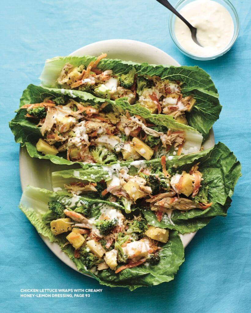 Chicken Lettuce Wraps with Creamy Honey-Lemon Dressing agutsygirl.com Callisto Leaky Gut Meal Plan book #leakygut #paleorecipes #lettucewrap