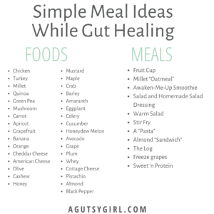 Simple Meal Ideas While Gut Healing food list with A Gutsy Girl agutsygirl.com #mealplan #foodintolerance #glutenfree