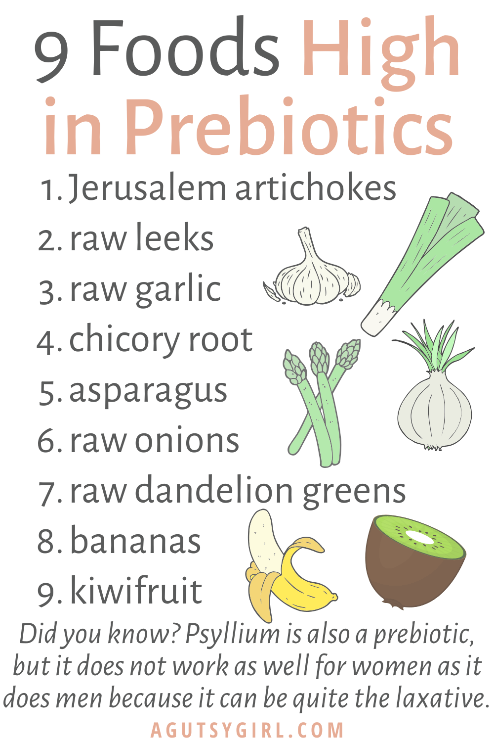 All About Prebiotics agutsygirl.com #prebiotic #prebiotics #guthealth #healthyliving 9 foods high in prebiotics