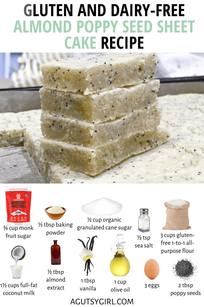 Gluten and Dairy-Free Almond Poppy Seed Sheet Cake Recipe agutsygirl.com #glutenfree #dairyfreerecipes #glutenfreecake