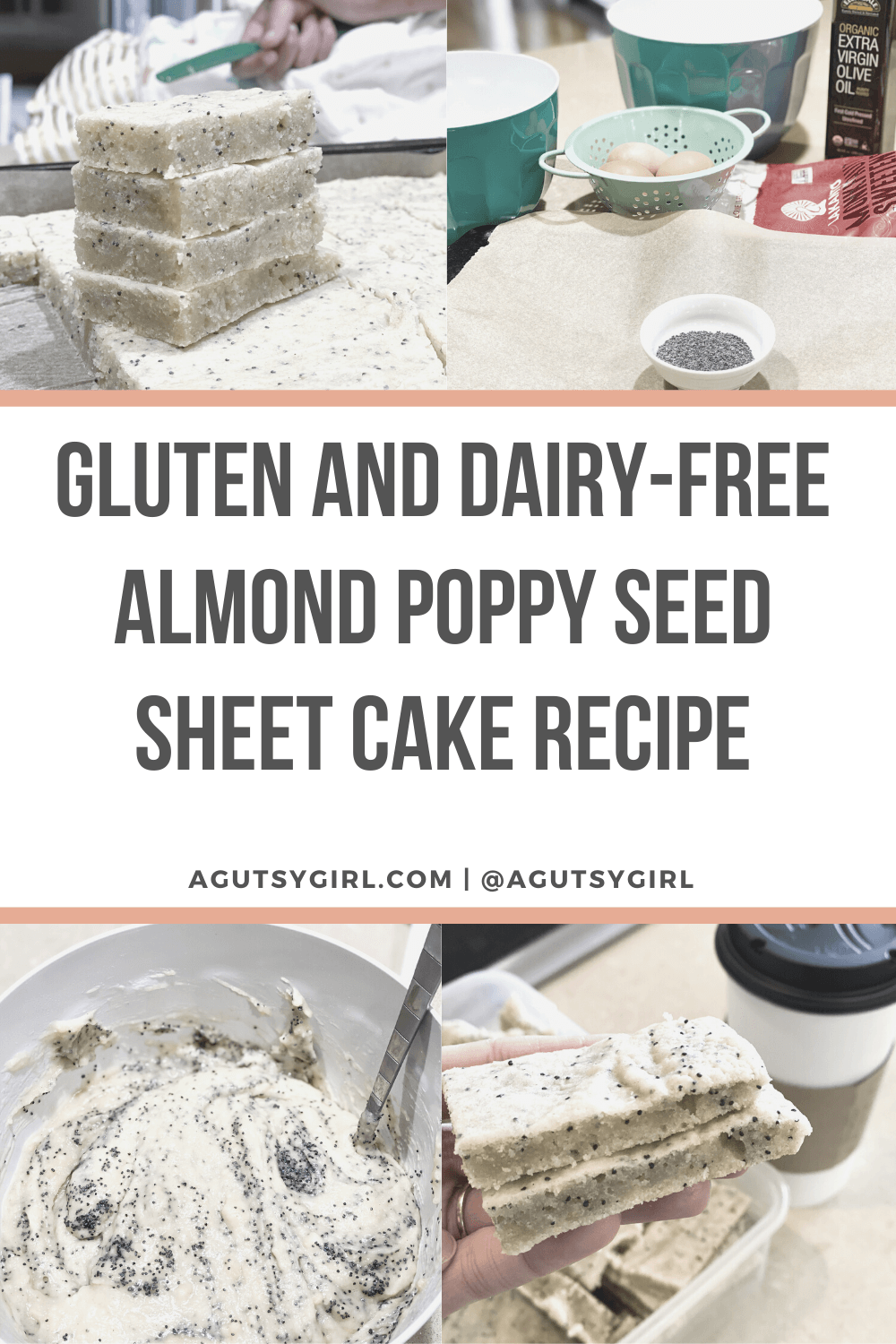 Gluten and Dairy-Free Almond Poppy Seed Sheet Cake Recipe agutsygirl.com #glutenfreerecipe #dairyfreerecipe #glutenfreedairyfree #poppyseed