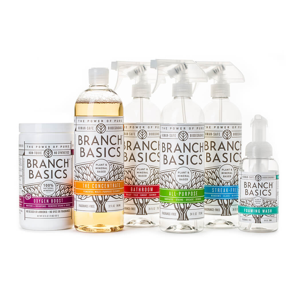 Healthy Cleaning for a Healthy Gut agutsygirl.com #nontoxicliving #nontoxiccleaning #healthyliving #DIY Branch Basics Bathroom Cleaner Starter Kit and Oxygen Boost non-toxic