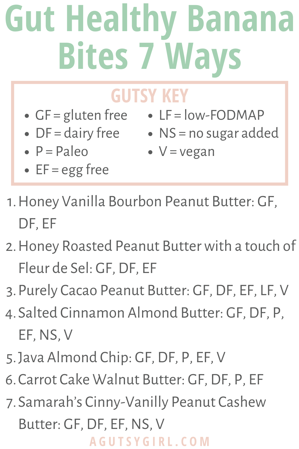 Gut Healthy Banana Bites 7 Ways agutsygirl.com How to make your own A Gutsy Girl nut butters #nutbutter #banana #guthealth Gutsy Key