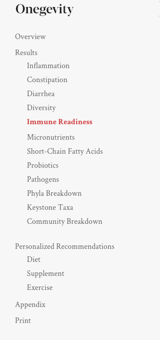 Peek Into My Personal Onegevity Microbiome Report and Review agutsygirl.com Gutbio #guthealth #productreview #immunesystem sections immune readiness