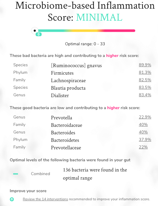 Peek Into My Personal Onegevity Microbiome Report and Review agutsygirl.com Gutbio #guthealth #productreview #immunesystem sections inflammation