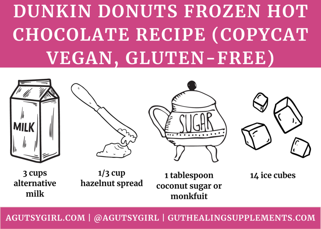 Dunkin Donuts Frozen Hot Chocolate Recipe (Copycat Vegan, Gluten-Free) agutsygirl.com #dunkindonuts #vegan recipe card