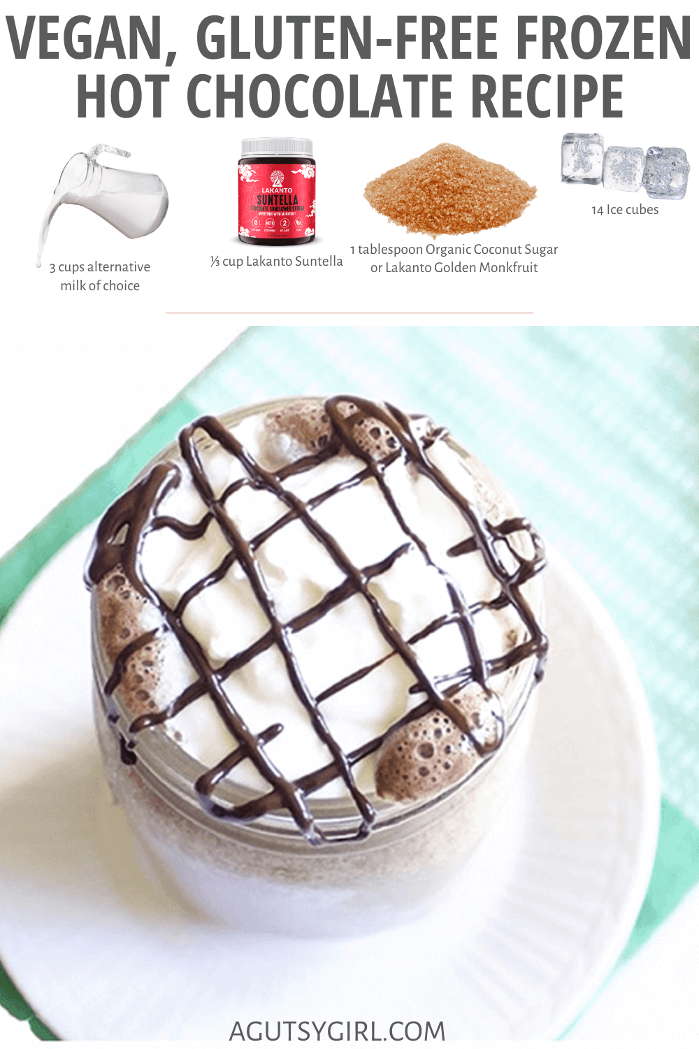 Vegan, Gluten-Free Frozen Hot Chocolate Recipe agutsygirl.com #dairyfreerecipes #veganrecipes #agutsygirl