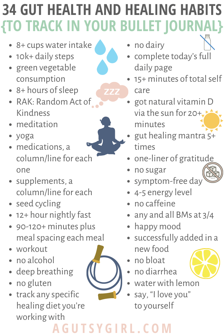 34 Gut Health and Healing Habits to Track in Your Bullet Journal agutsygirl.com #foodjournal #bulletjournal #habitstracker
