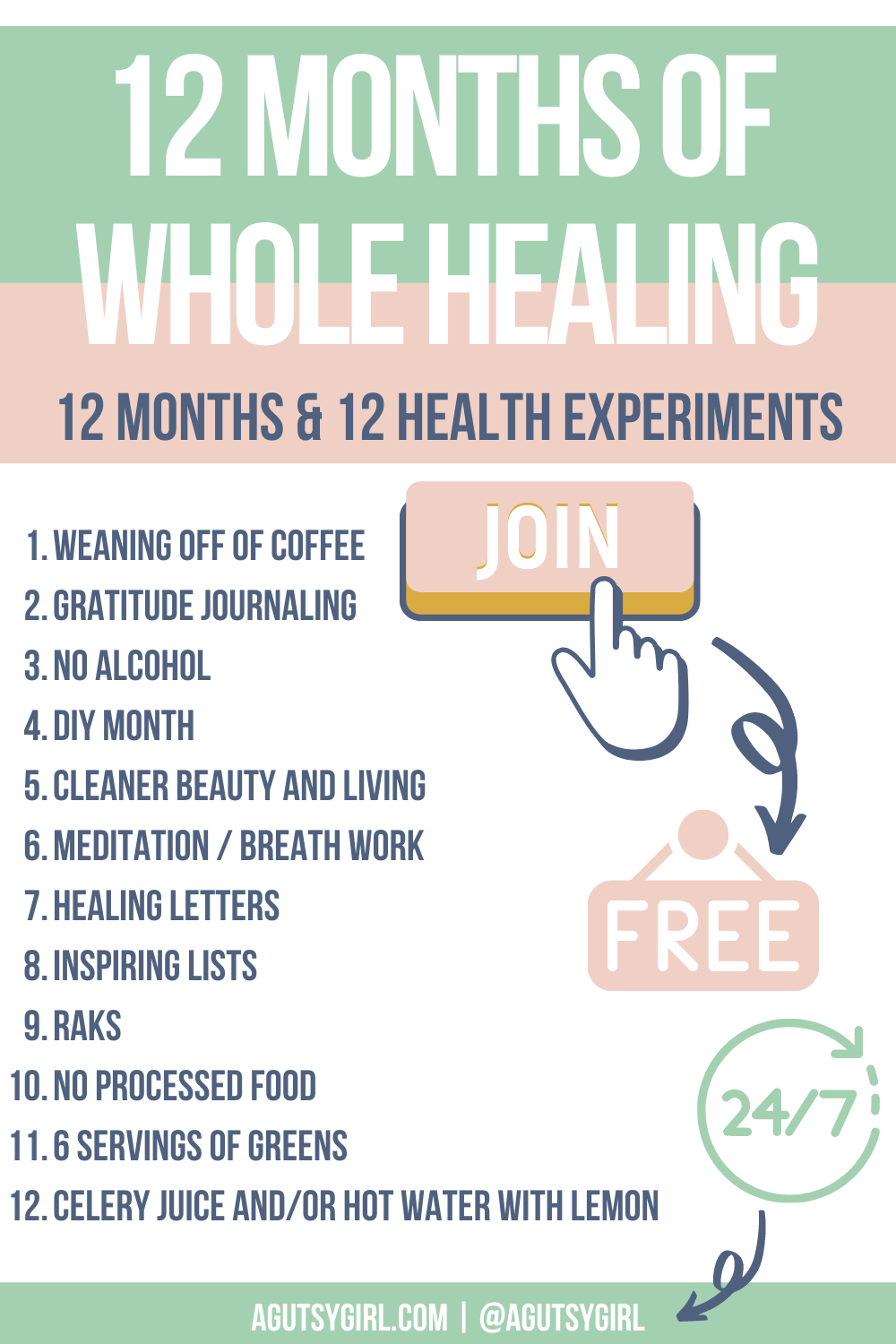 12 months of whole healing free experiments agutsygirl.com #healthchallenge #healthchallenges #mindbodygut #guthealth healthy challenge