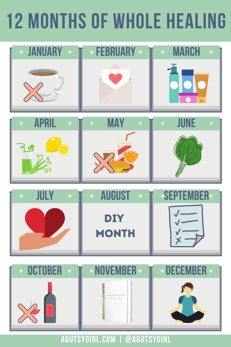 12 months of whole healing free experiments monthly calendar agutsygirl.com #healthchallenge #healthchallenges #mindbodygut #guthealth monthly challenges