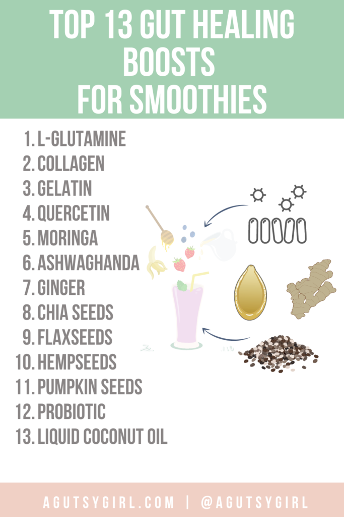 Top 13 Gut Healing Boosts for Smoothies agutsygirl.com #guthealth #smoothie #smoothies #chiaseeds