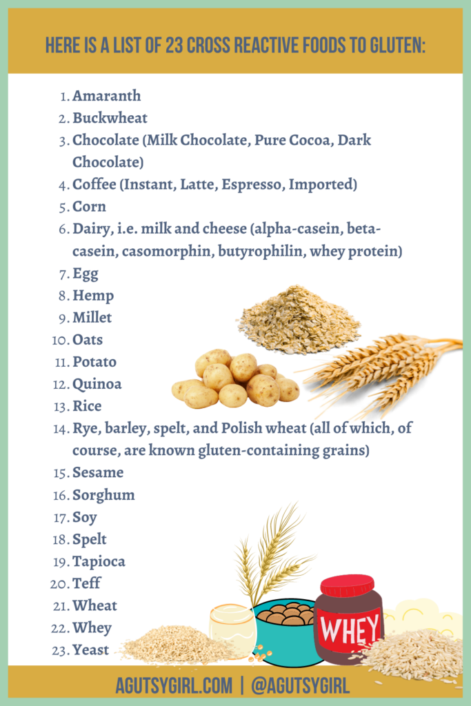 Cross Contamination list of 23 cross reactive foods to gluten agutsygirl.com #crosscontact #gluten #glutenfree
