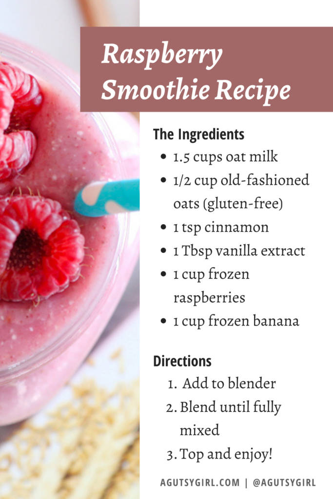 How to Make a Raspberry Smoothie {gluten and dairy free} recipe card agutsygirl.com #smoothies #glutenfree
