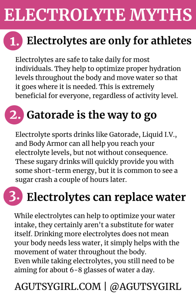 Sugar Free Electrolytes Drinks (and common electrolyte misconceptions) electrolyte myths agutsygirl.com #electrolyte #electrolytes