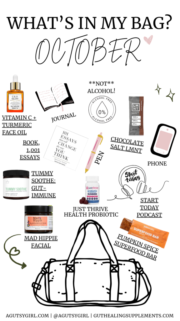 What's in my bag October edition Gut Health Routine (What's in My Personal Tool Kit) agutsygirl.com #gut #pumpkinspice